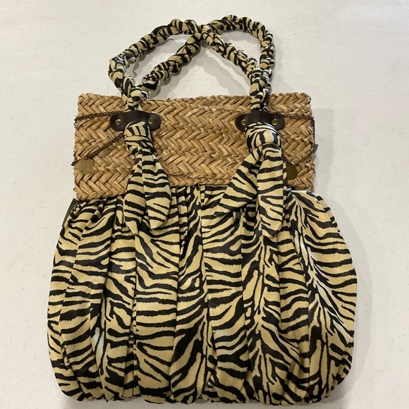 Vintage Sun n’ Sand Animal Print Shoulder Bag Magnetic Straw & Silky Fabric - Picture 4 of 12